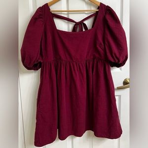 Altar’d State/Arula Cottagecore Cotton Red/Burgundy dress puff sleeves w/pockets